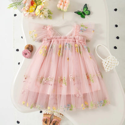 Girls' Dress Summer Floral Mesh Little Flying Sleeve Baby Girl Dress